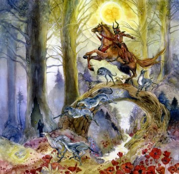 ファンタジー Painting - 魔女の三人 燃える日の赤騎士 ファンタジー